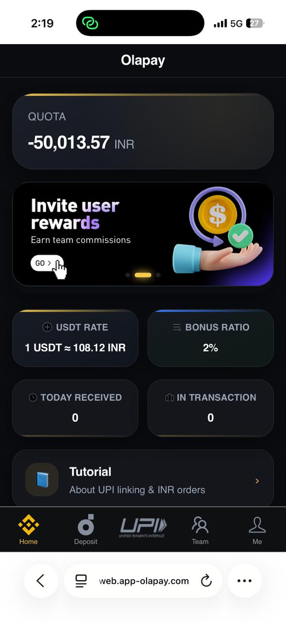 Ola Pay app home screen showing USDT rate and quota