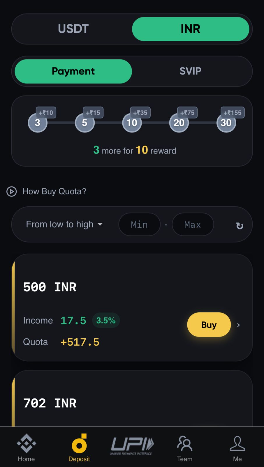 Ola Pay INR order screen showing quota packs and income percentage