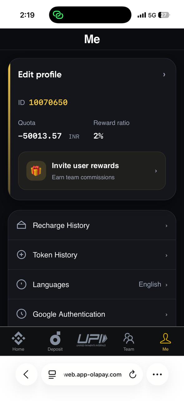 Ola Pay Me profile screen supplied by the owner