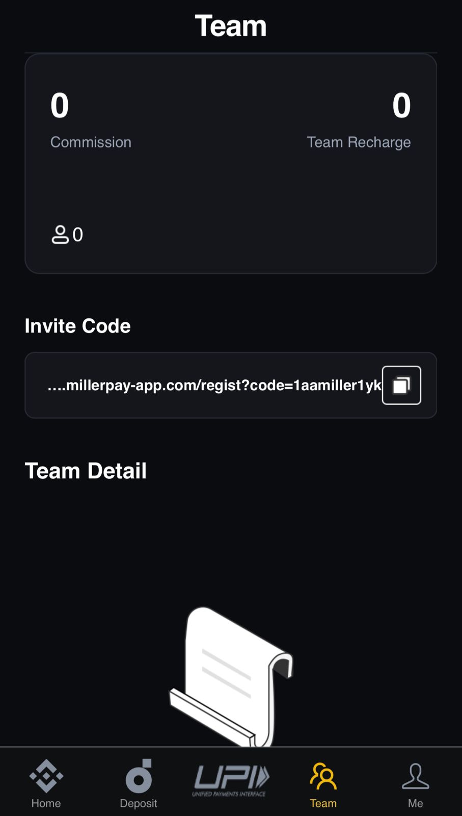 Ola Pay team screen with invite code and commission summary