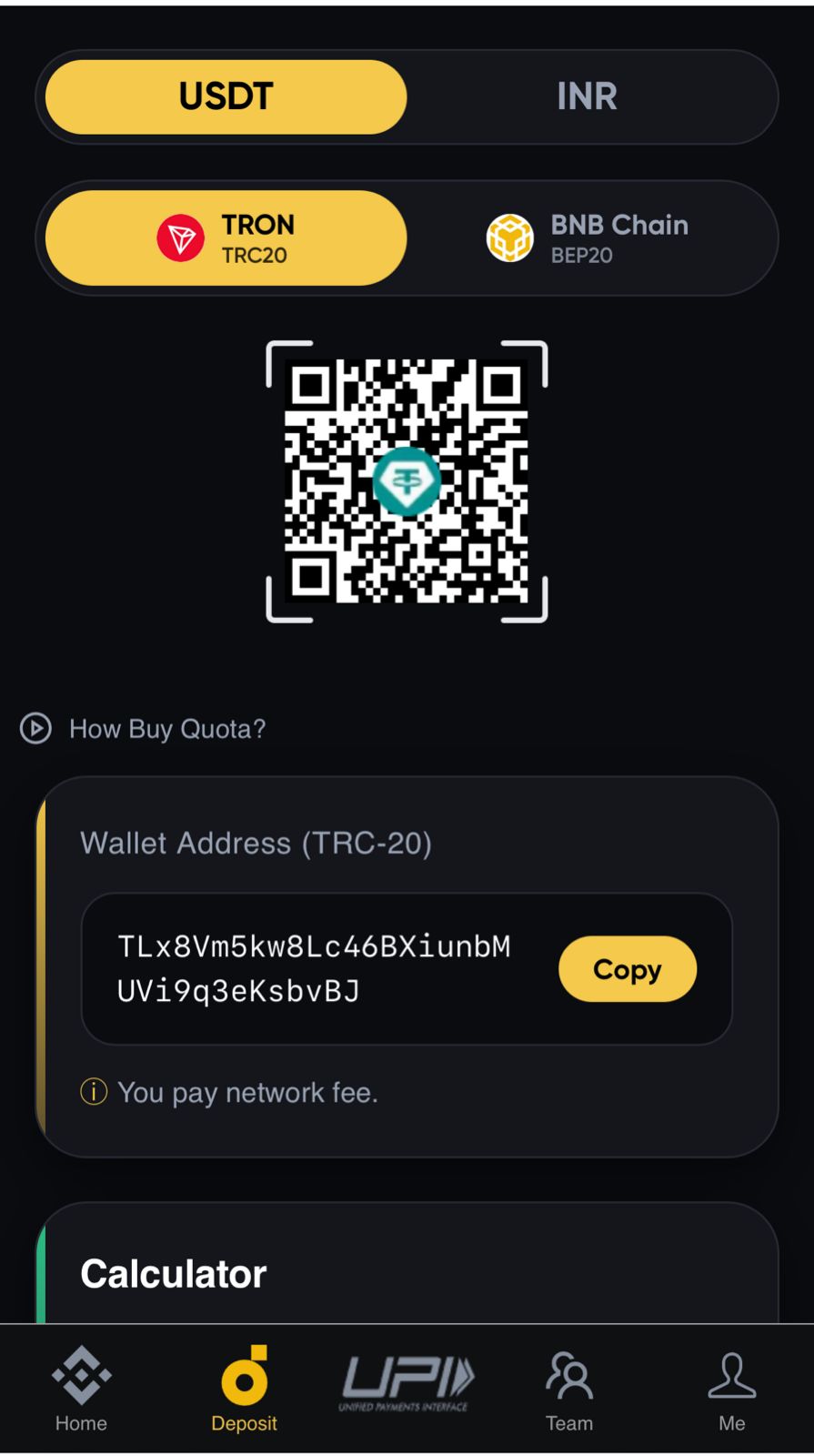 Ola Pay USDT deposit screen with TRC20 wallet address and QR code